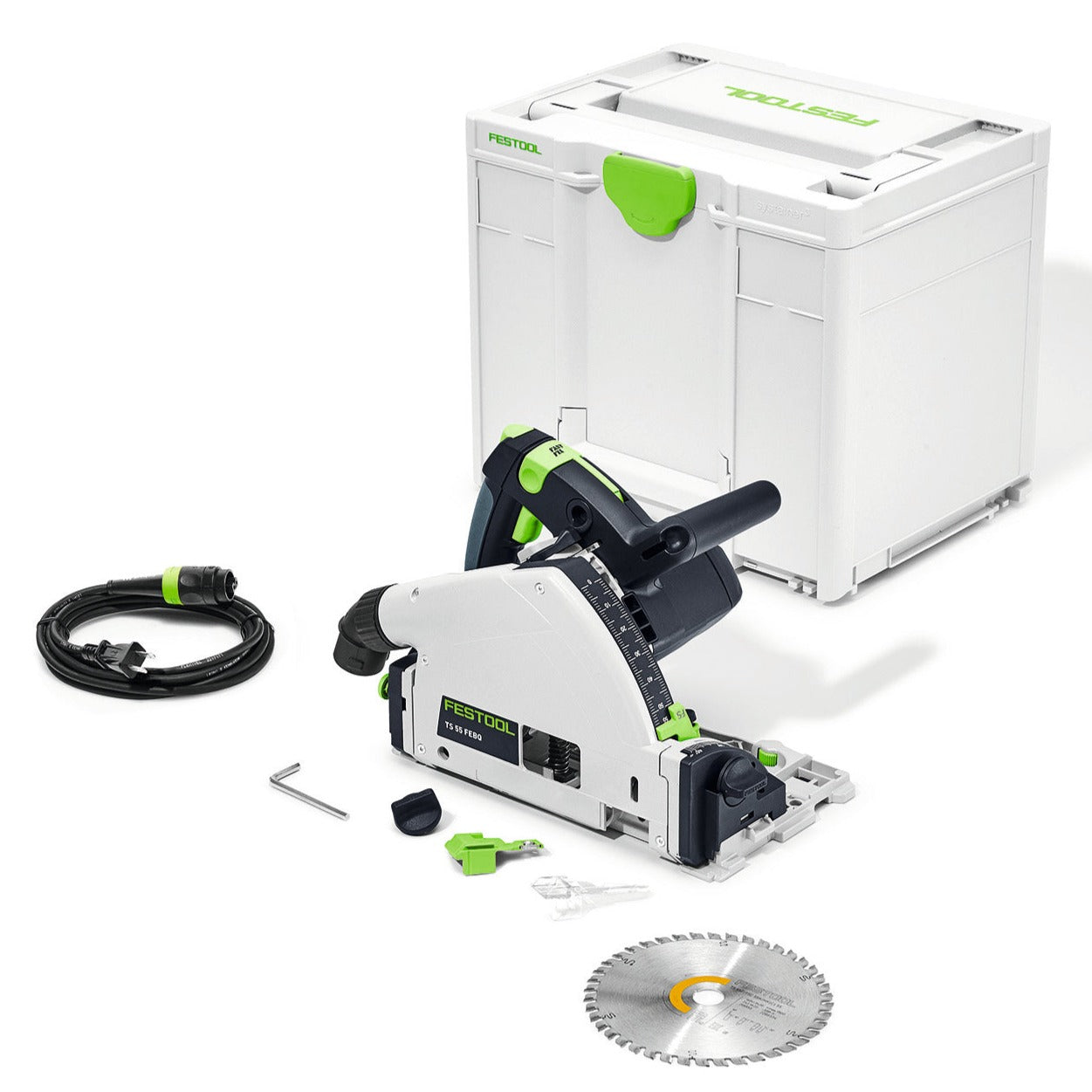Festool's TS 55 FEQ includes Plug-it power cable, hex key, splinterguard w/lock knob, clear window, carbide blade, Systainer.
