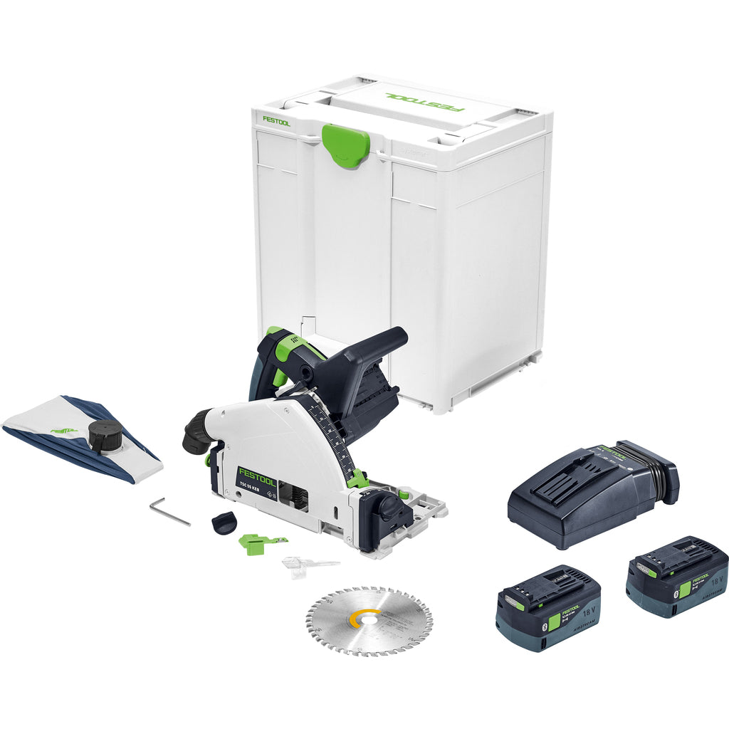 The Festool TSC 55 KEB-F-Plus includes dust bag, fine blade, splinterguard, sight window, Systainer, 2 batteries and charger.