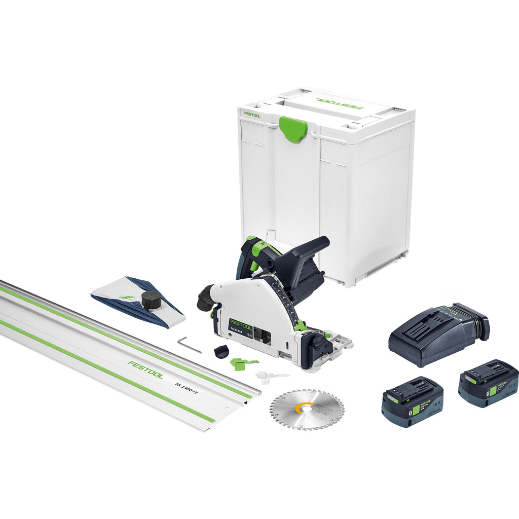 The Festool TSC 55 KEB-F-Plus includes dust bag, blade, splinterguard, sight window, Systainer, batteries charger, guide rail