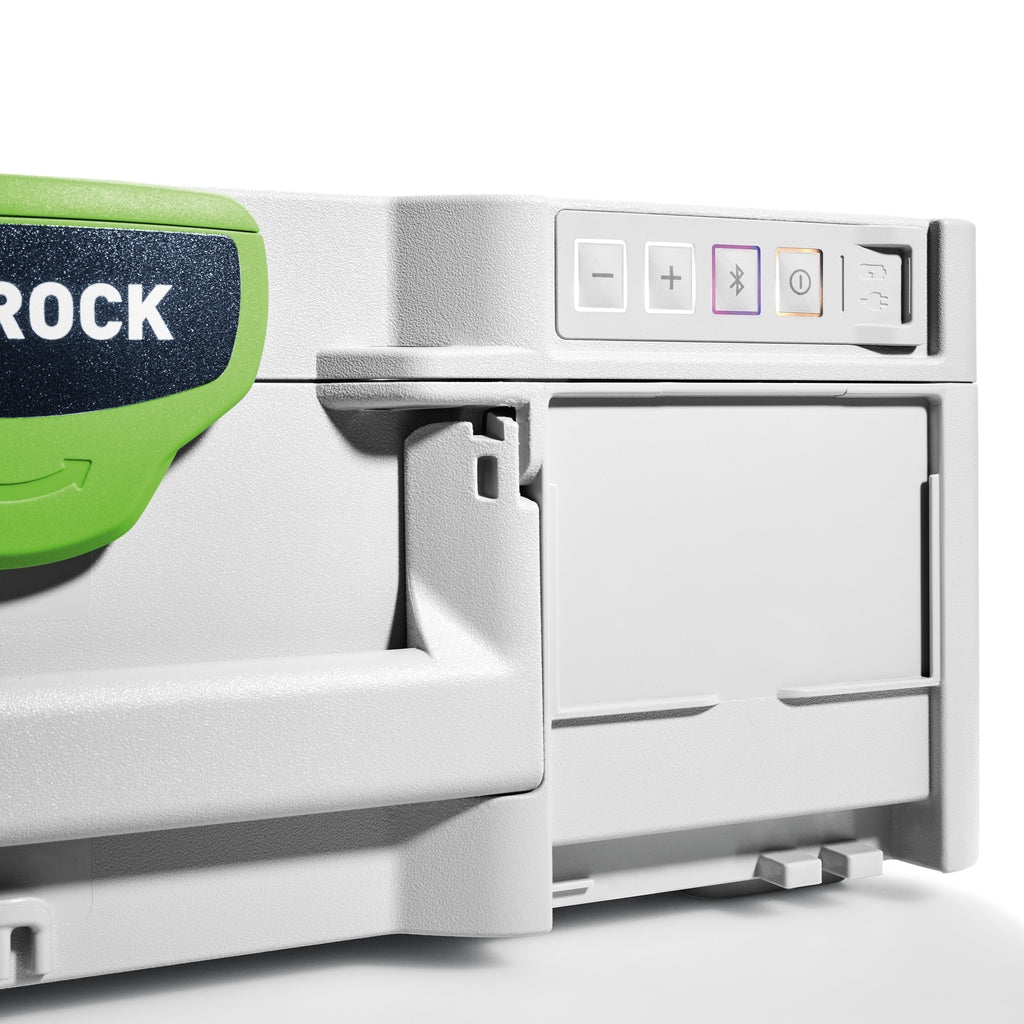 Volume, Bluetooth, and power buttons are illuminated at front right of Festool TopRock speaker. USB port behind cover.