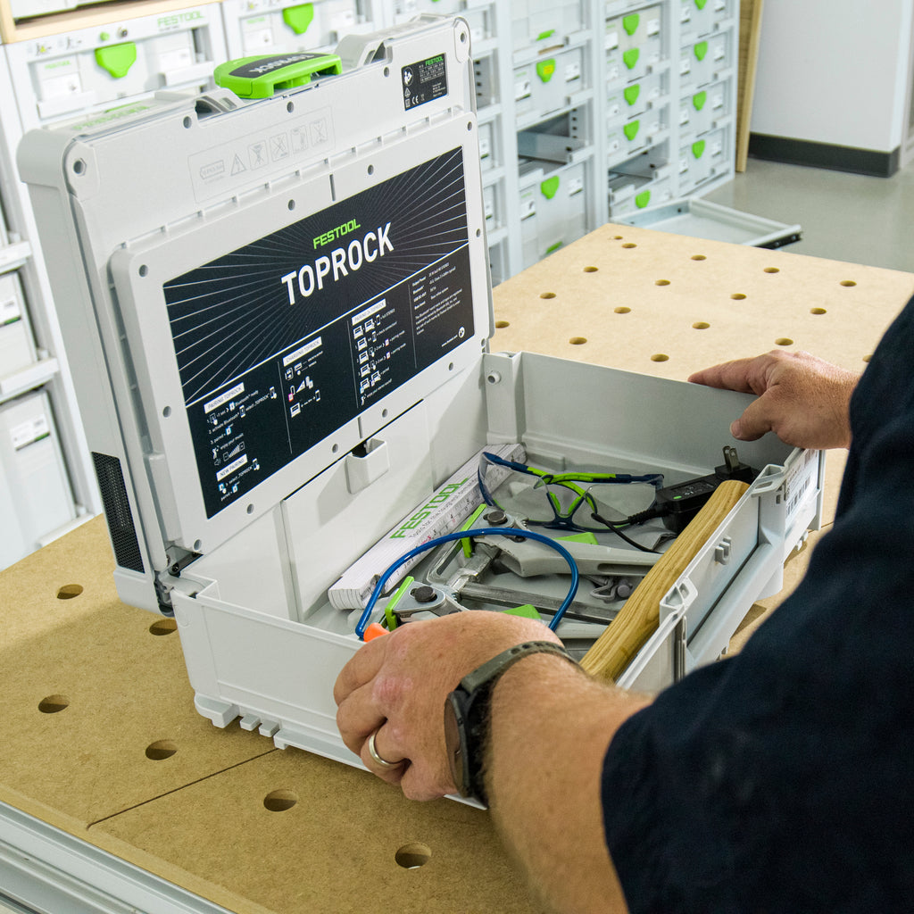 Festool Top Rock Bluetooth Speaker toolbox has the 4 speakers and electronics mounted in the lid, so bottom is open.