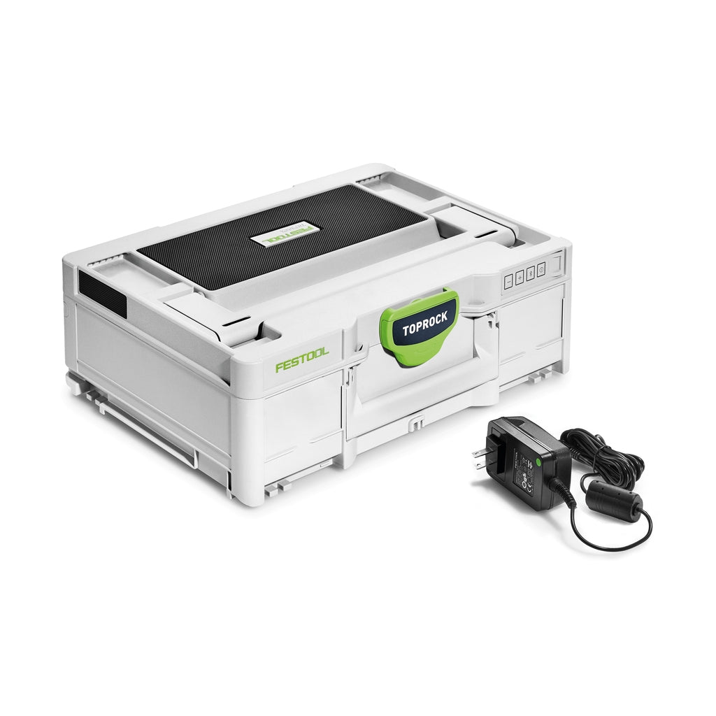 Festool Top Rock Bluetooth Speaker in Systainer toolbox includes AC power adapter to charge internal battery.