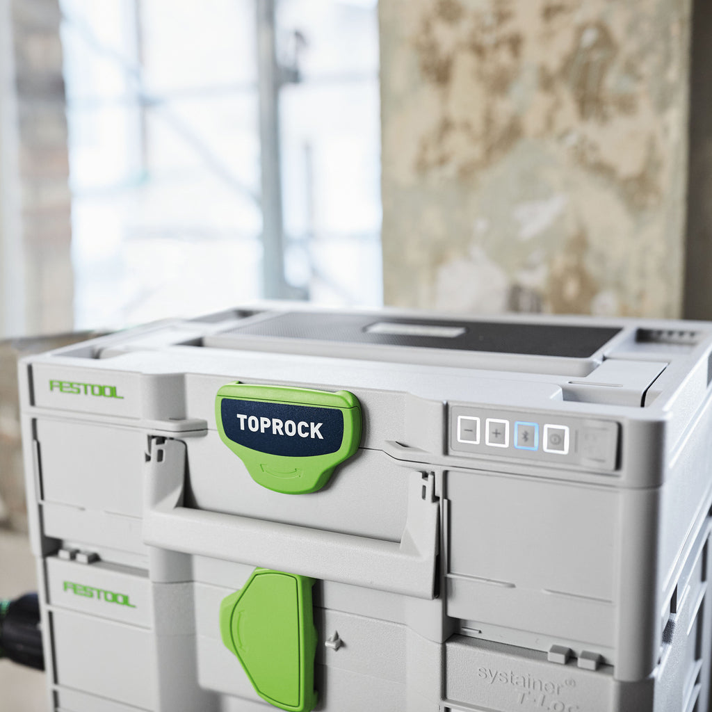 Festool Top Rock Bluetooth Speaker stacks and locks to other Systainer toolboxes. Lighted front control panel.