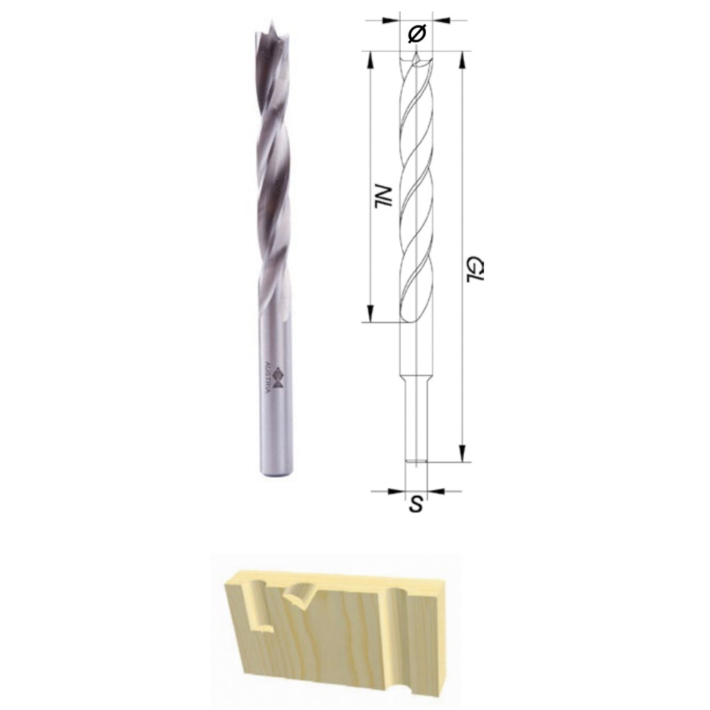 A Fisch brad point drill bit next to a technical drawing, with a rendered example of holes drilled by the twist bit.