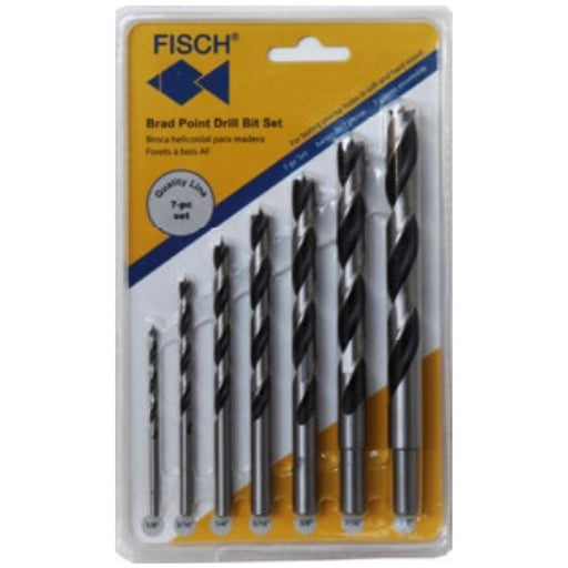 A set of 7 brad point twist drill bits for wood from 1/8 to 1/2" diameter in a clear plastic package. Fisch logo.