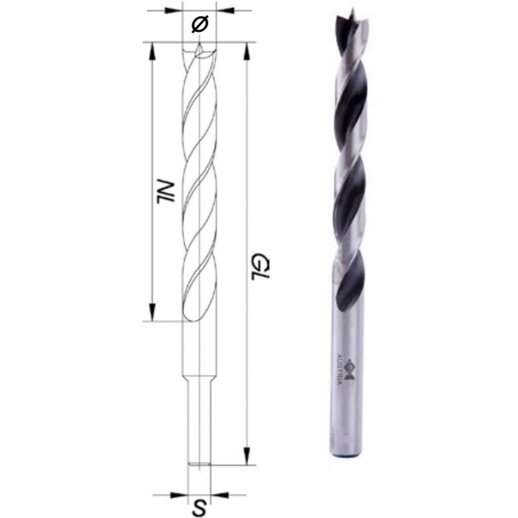 Technical drawing of a Fisch brad point bit, including cutting diameter, flute length, overall length, and shank size.