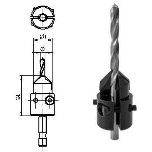 A technical drawing of the Fisch Tools carbide adjustable countersink, next to the countersink on a drill bit.