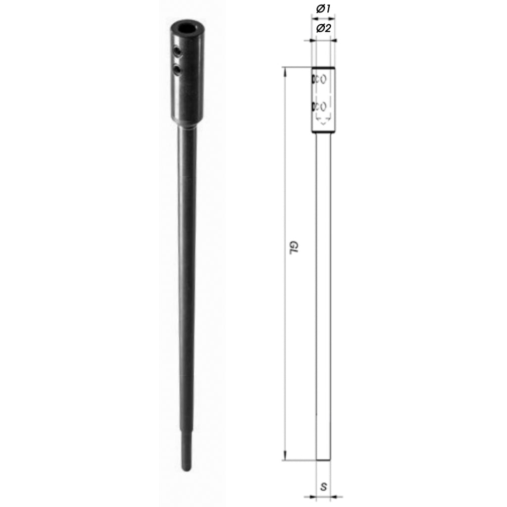 A technical drawing of the Fisch Tools 330mm forstner bit extension, next to a picture of the bit showing 2 set screws.