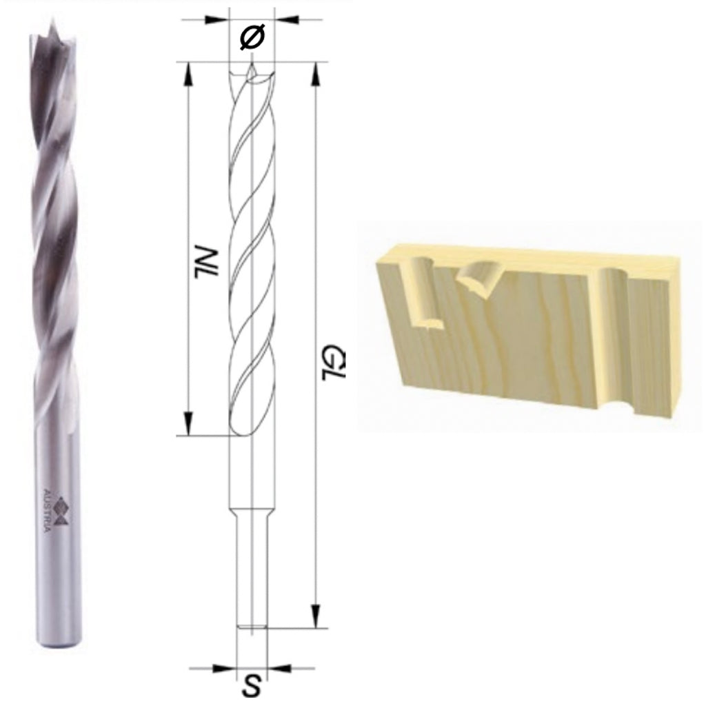 A Fisch brad point drill bit next to a technical drawing, with a rendered example of holes drilled by the twist bit.