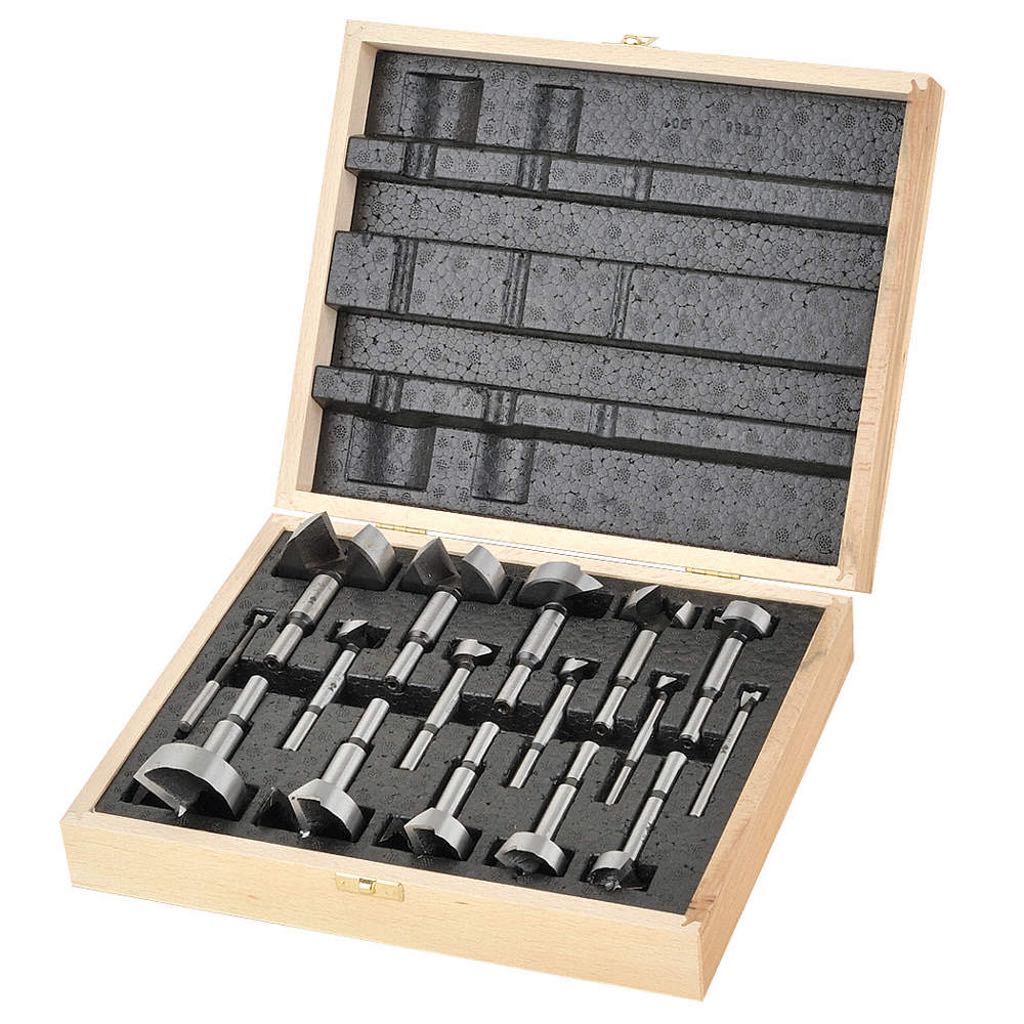 Set of 16 Fisch Tools Wave Cutter Forstner Bits in a wooden case with custom foam insert for protection and storage.