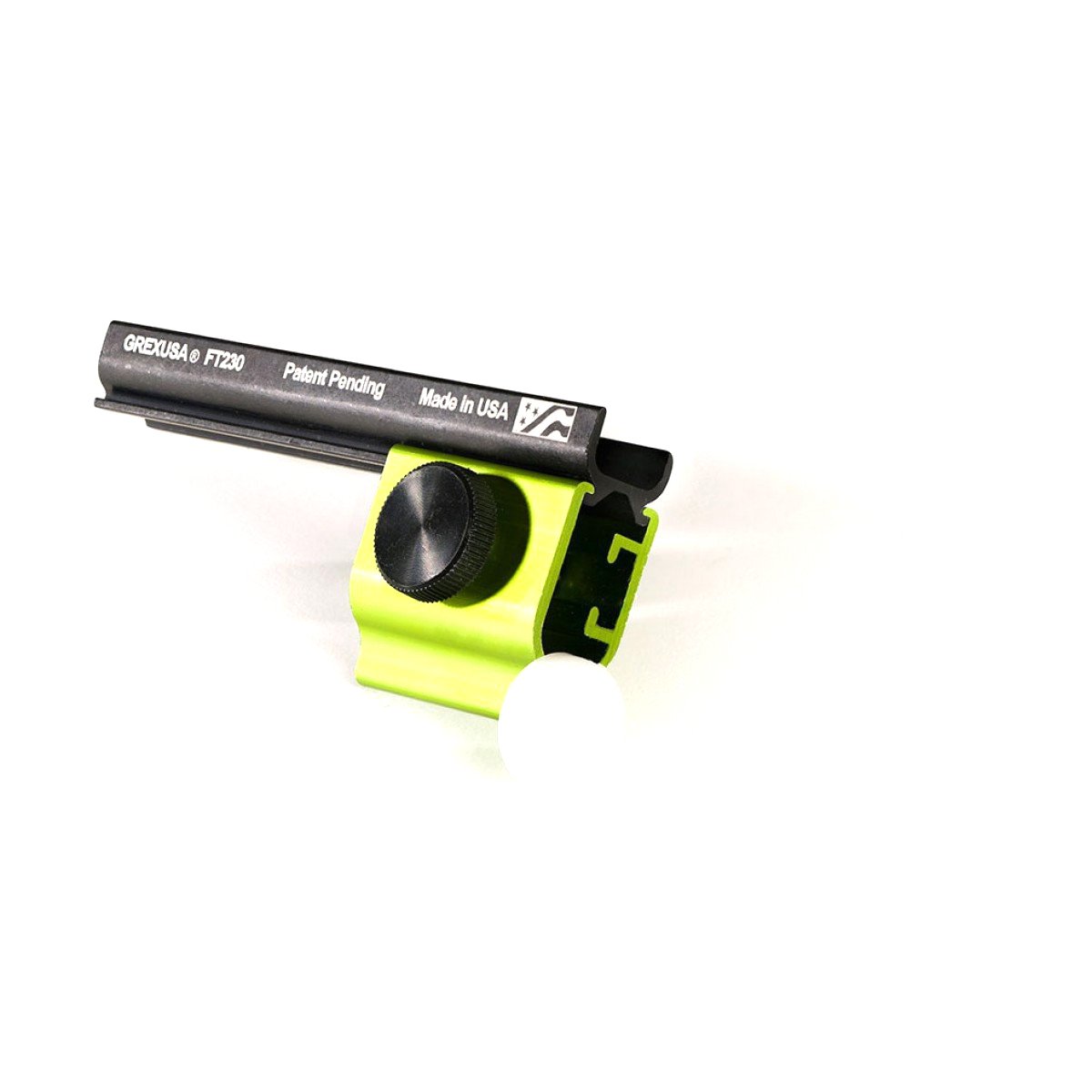 Grex FT230 Edge Guide for 23 Gauge Pinners and 18 Gauge Brad Nailers has a green aluminum body with white pad and lock knob.