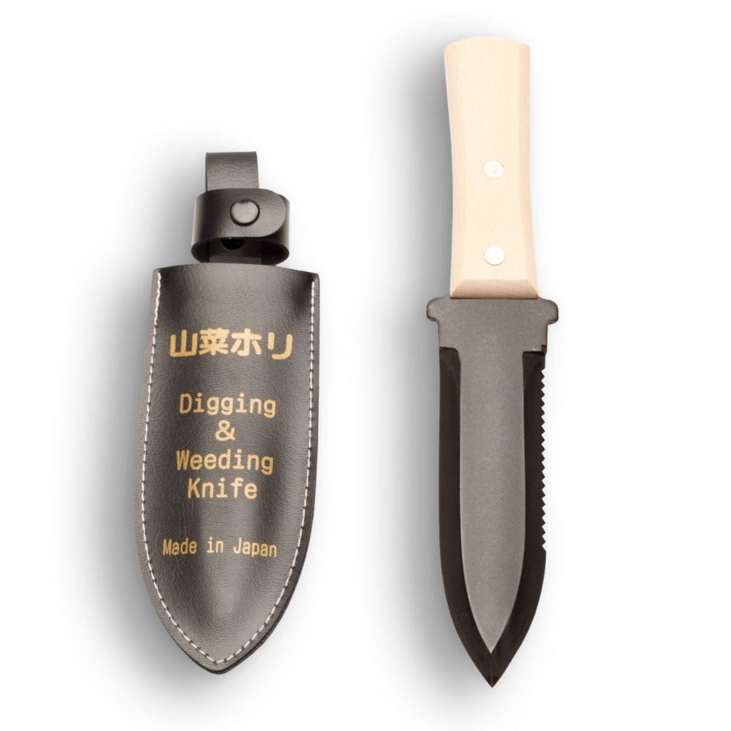 The Hori Hori Knife features a dished blade with serrated and plain edges for any weeding. With wood handle and sheath.