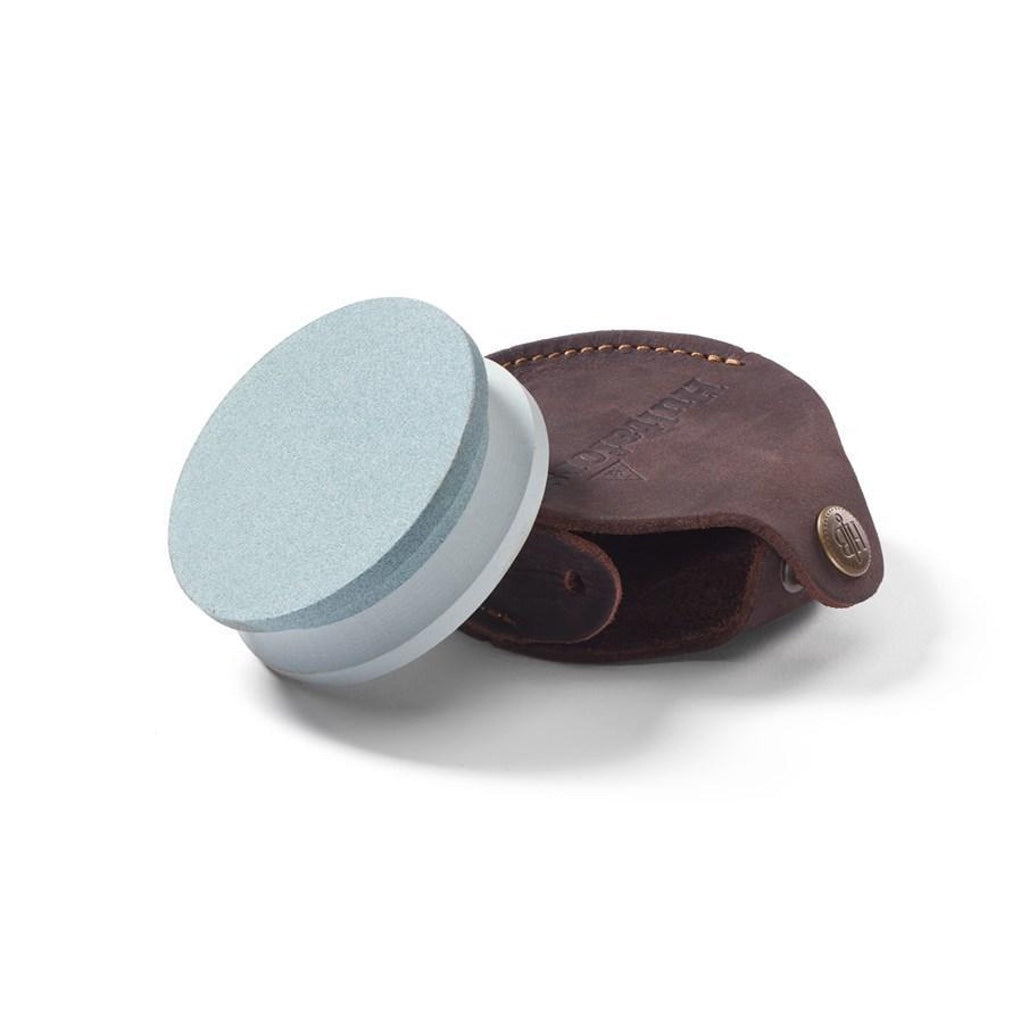 Hultafors double-sided 180/600 grit axe sharpening stone and leather case with snap closure.