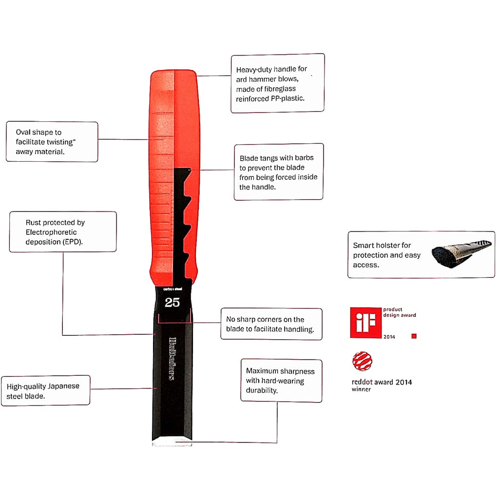Features and benefits of Hultafors EDC chisels with holster. Oval handle, rust protection, Japanese steel, and holster.