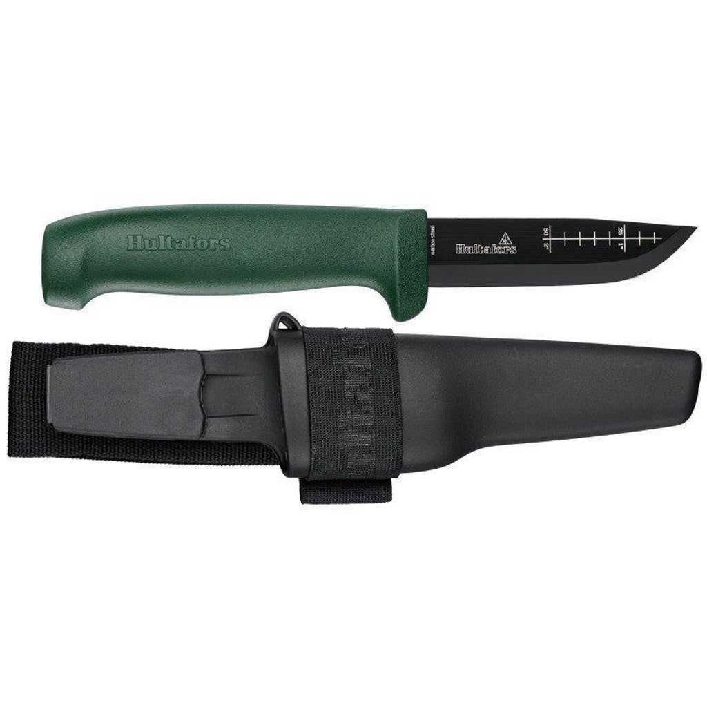 Hultafors OK1 Outdoor Knife has a scale engraved on the drop point blade. Includes a holster with strap & fire steel storage.