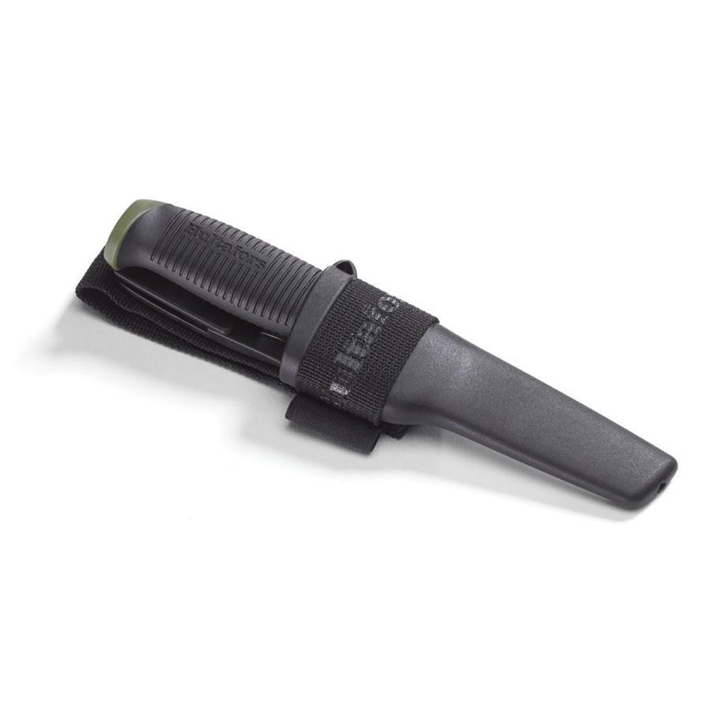 Hultafors OK4 Outdoor Knife in tough polypropylene belt holster, showing the Santoprene grip.