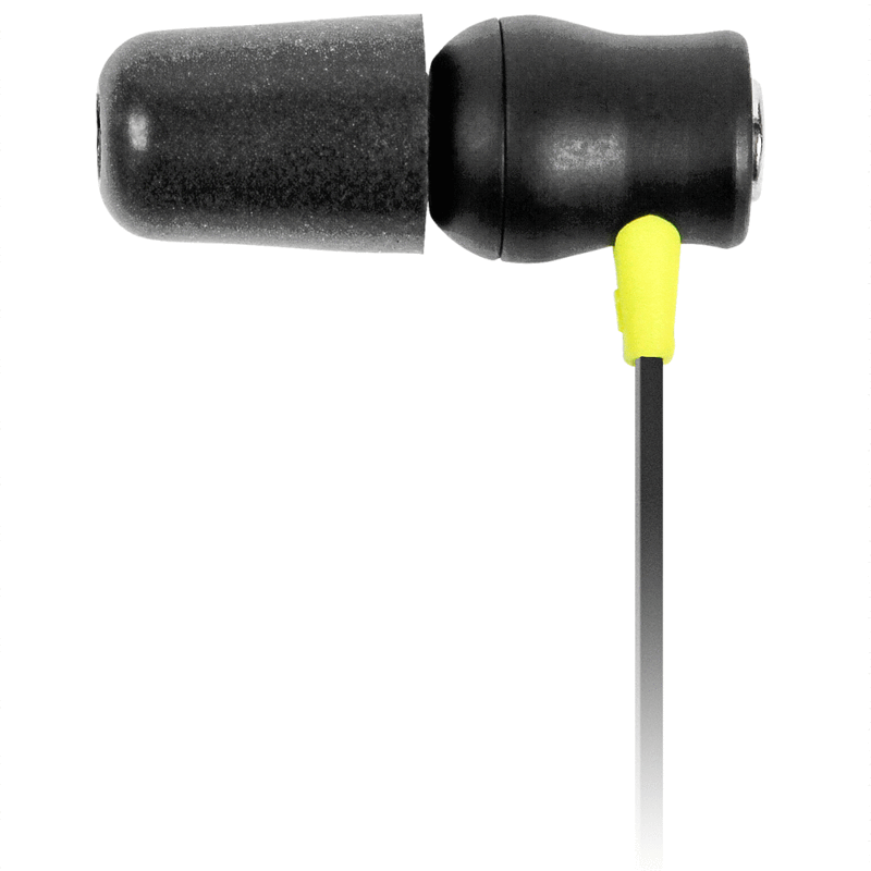One super-soft memory foam eartip installed on a ISOtunes noise cancelling earbud with cord.