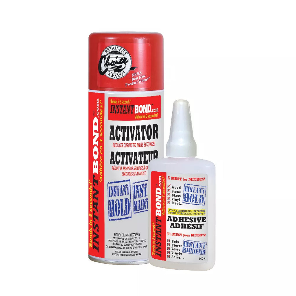 Bottle of InstantBond high performance cyanoacrylate adhesive with aerosol can activator for 3-second, 5000 pound PSI bond.
