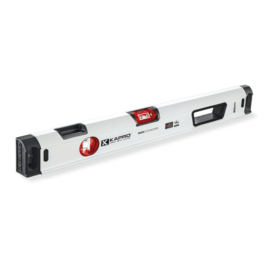 The Kapro 905 Condor OptiVision levels have shock absorbing caps. two shockproof vials, continuous top surface, large handle.