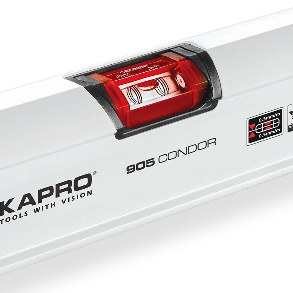Close view of The Kapro 905 Condor OptiVision Red vial with gradient lines in shockproof vial. Continuous top edge.