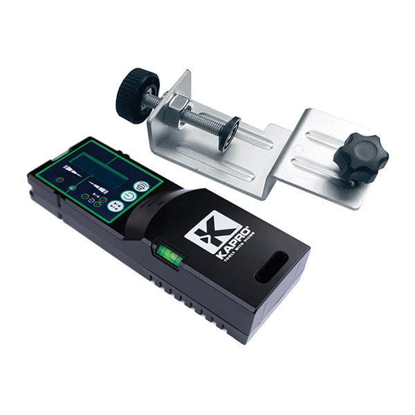 Kapro Green Leaser Beam Detector includes a clamp on mount. Buttons on front of detector with spirit bubble vial level.