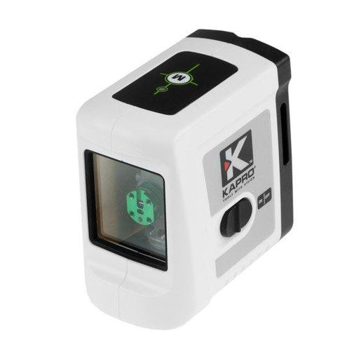 The white Kapro Prolaser Cross Line Green Laser Level has sliding on/off switch on side & controls on top. Front laser lens.
