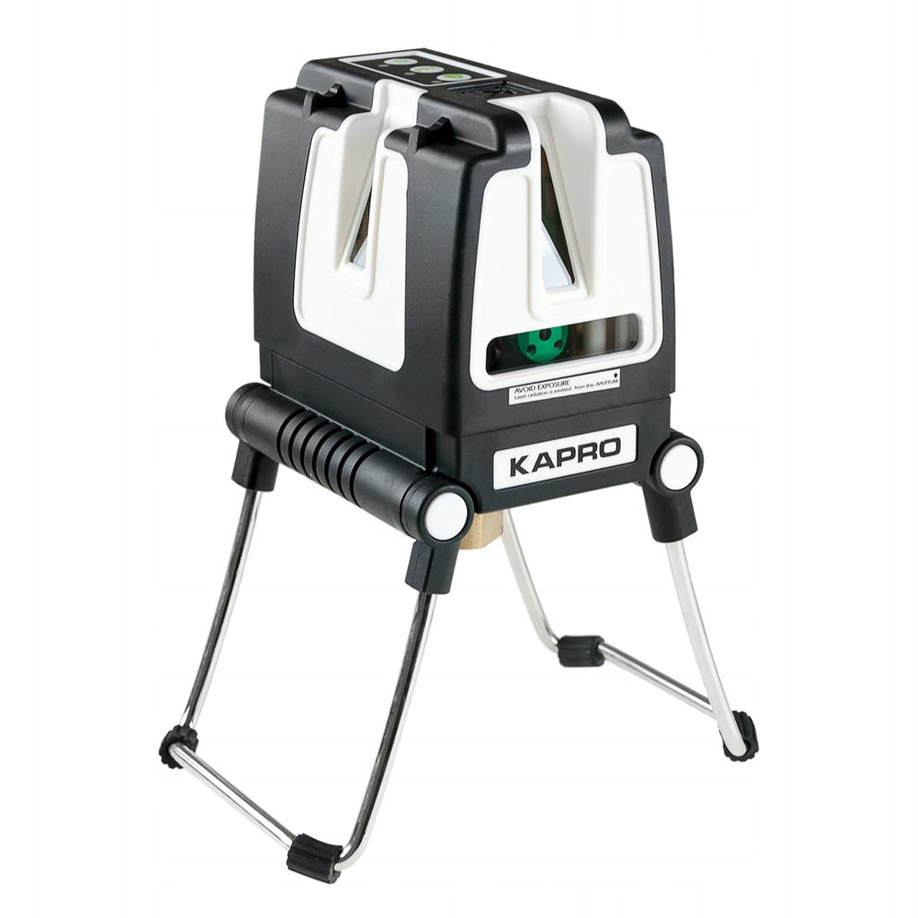 The black and white Kapro Prolaser has adjustable legs, front and side lasers, control buttons on top, and rubber overmold.