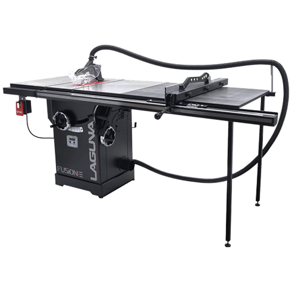 Front right view of Laguna Fusion F3 Table Saw with 52" high/low rip fence shows blade guard with dust collection.