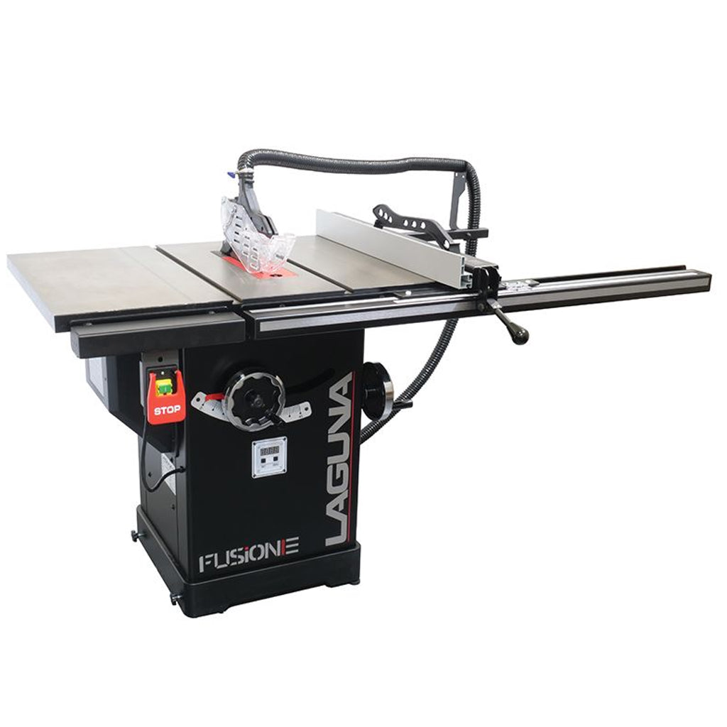 Front right view of Laguna Fusion F3 Table Saw with 52" high/low rip fence shows blade guard with dust collection.