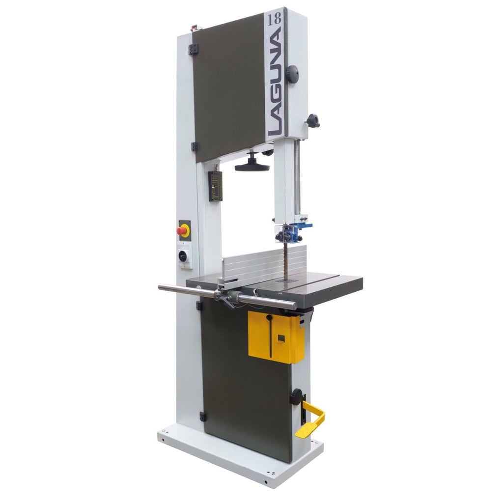 Front view of Laguna's LT 18 Bandsaw with large, low cast iron table, substantial frame, foot brake.