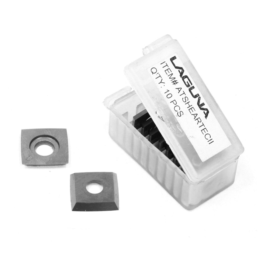 Clear plastic box with snap lid of 10x Laguna ShearTec: II carbide insert cutters with indexing marks.