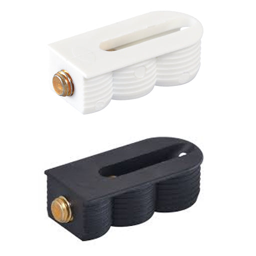Lamello Cabineo 8 connector for center panels, available in either black or white.