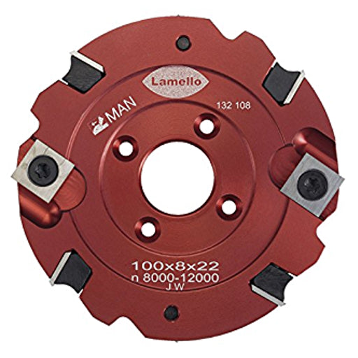 100mm carbide tipped groove cutter with reversible blades for Lamello Top 20, Top 21, and Classic biscuit joiners. 
