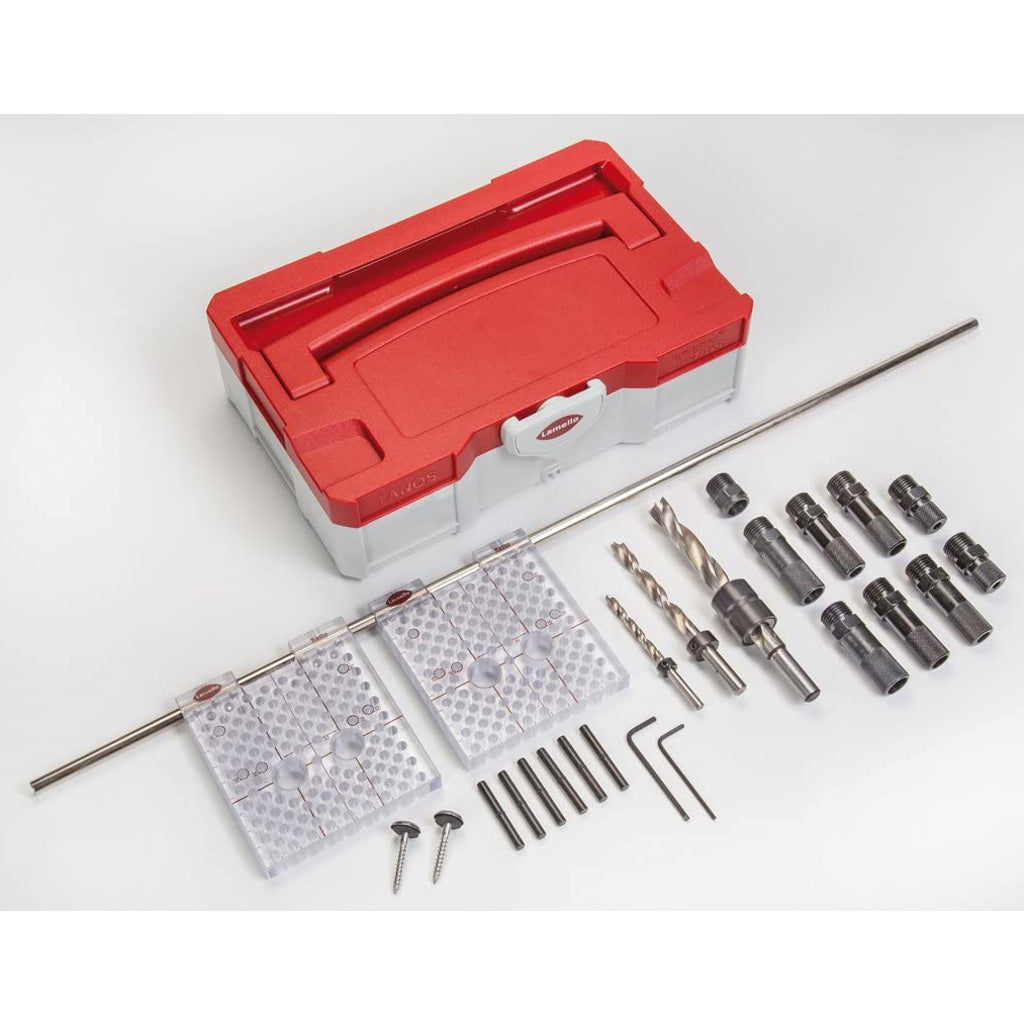 Lamello Rasto Duo Kit includes Systainer, drill bushings & bits, positioning bolts, spacer, connection rod, insertion bush.