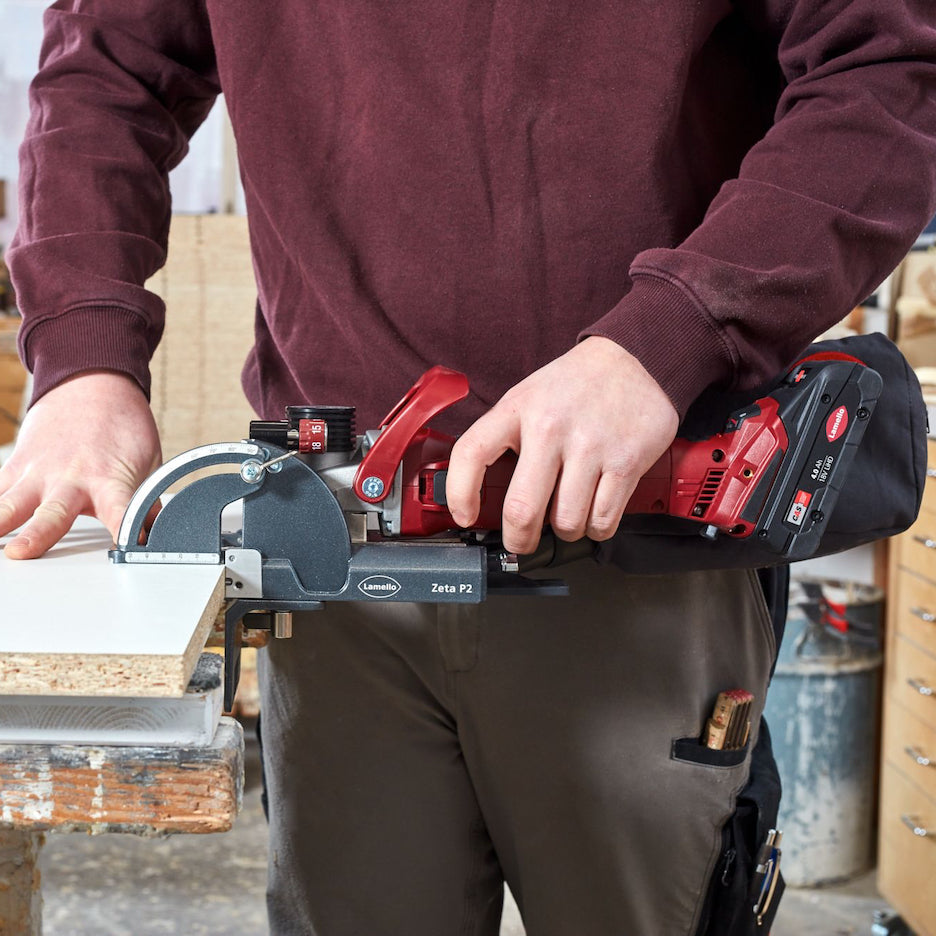 Lamello Zeta P2 Cordless Biscuit Joiner cutting edge of melamine panel