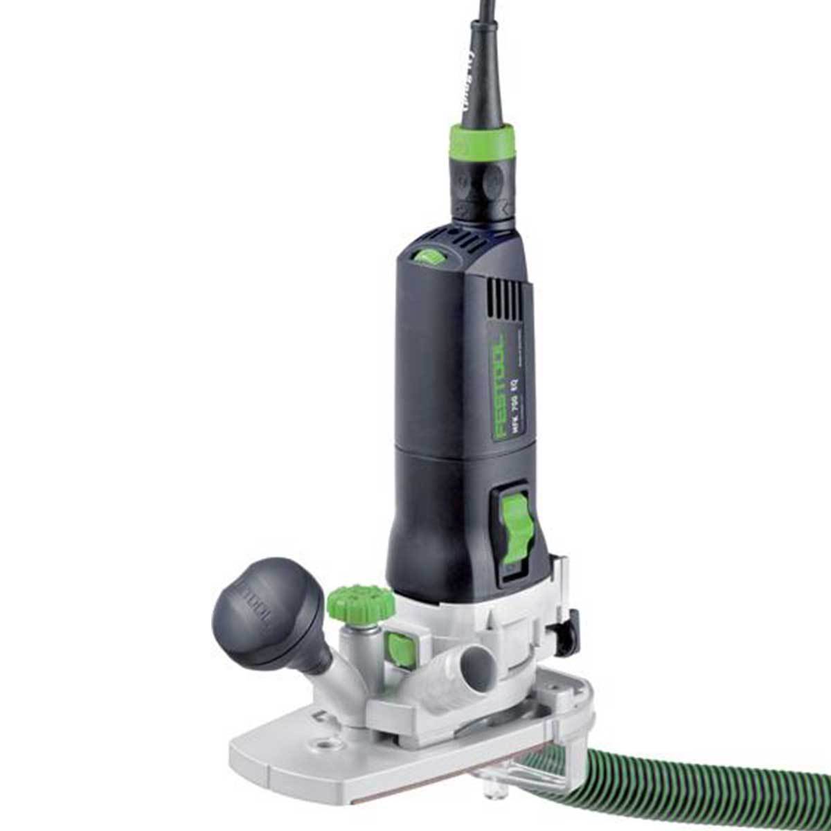 The MFK 700 EQ Modular Trim Router set up vertically with dust collection and hose for edge profiling.