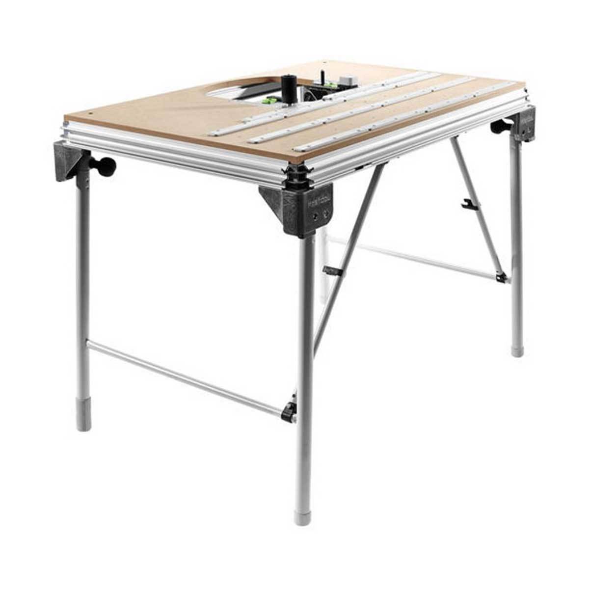 A Festool MFT with cross members attached between the leg stretcher and the underside of the back aluminum extrusion.