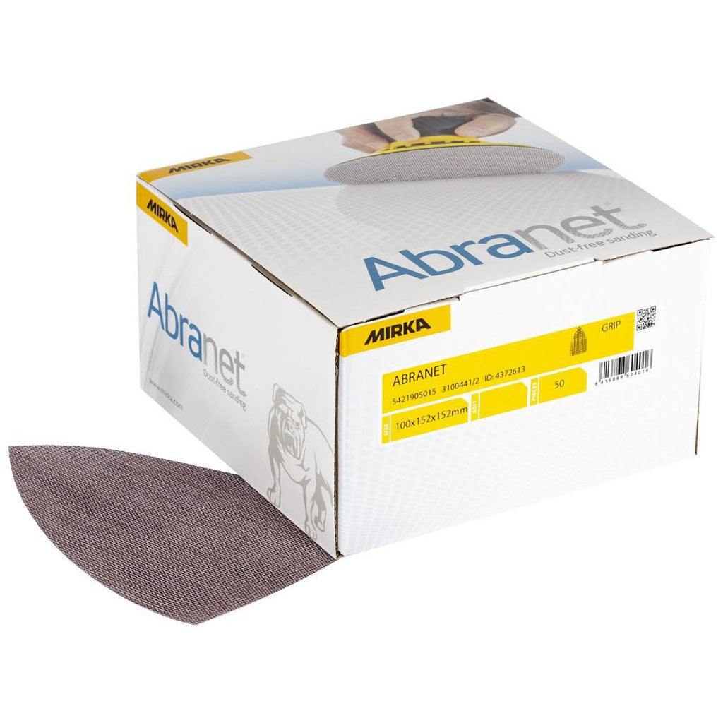 Mirka 3.9x6x6" Delta Abranet Mesh Grip Sheets and a box of the product.