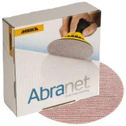 8" Mirka Abranet mesh abrasive disc and a cardboard box of the product with a picture of a sander. "Dust-free sanding"