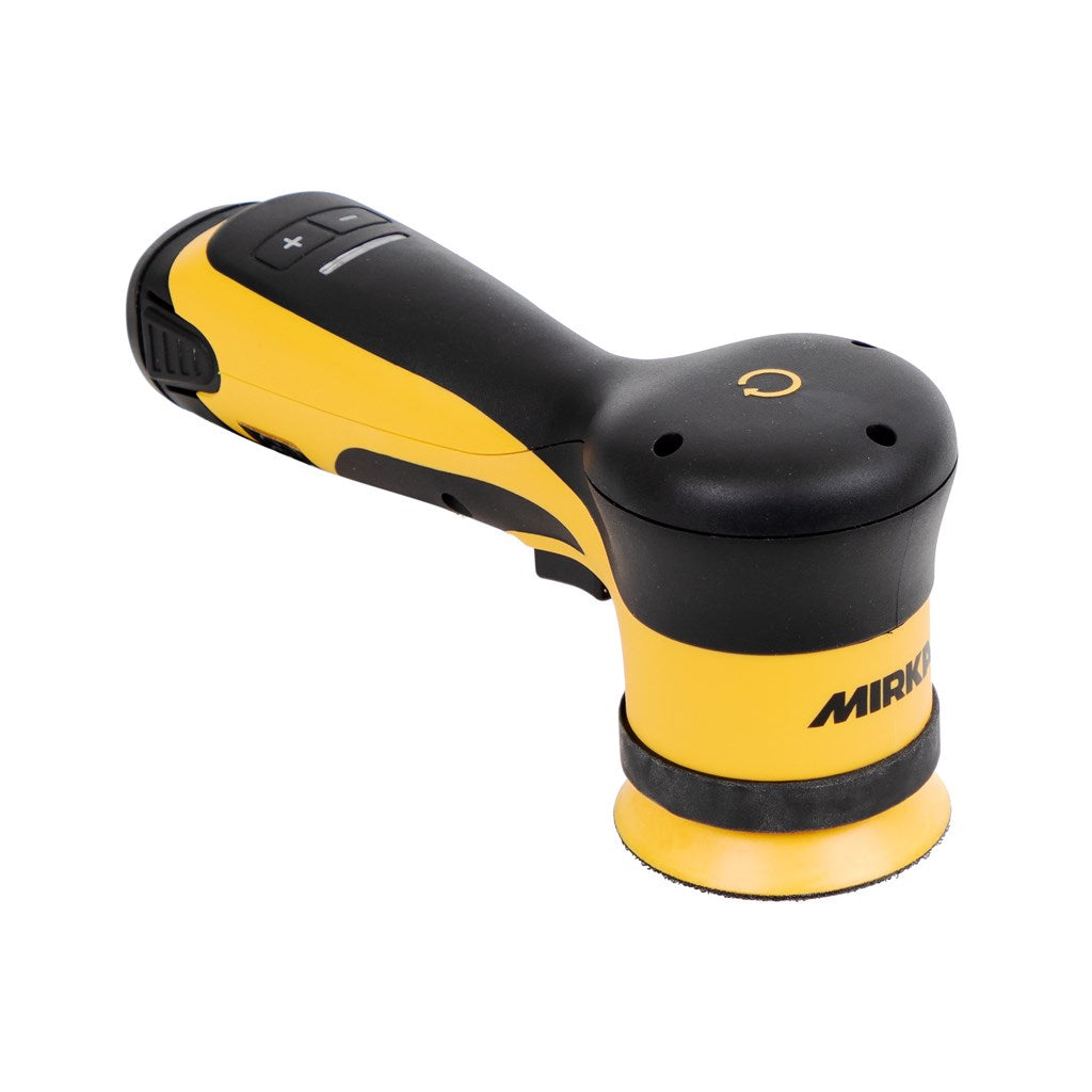 Mirka's 3" angled rotary polisher is compact and runs on battery power. Speed control on handle with variable speed trigger.