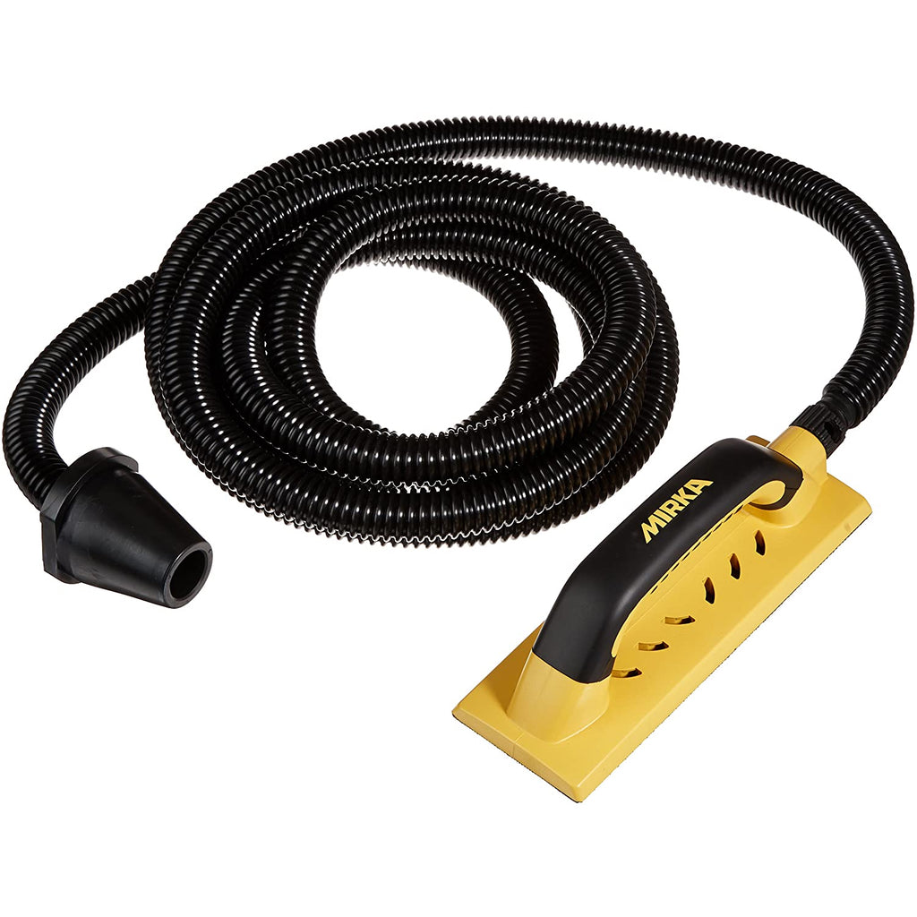 Mirka 3x9 inch sanding block with ergonomic grip and rear dust collection with 12 foot hose and tapered vacuum adapter.