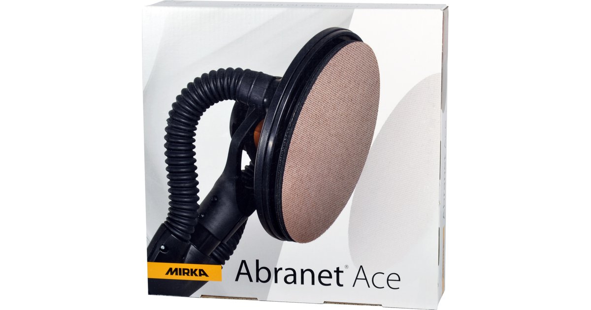 Box of Mirka Abranet Ace Mesh Abrasives with picture of sandpaper on a LEROS long-handle 9" drywall sander.