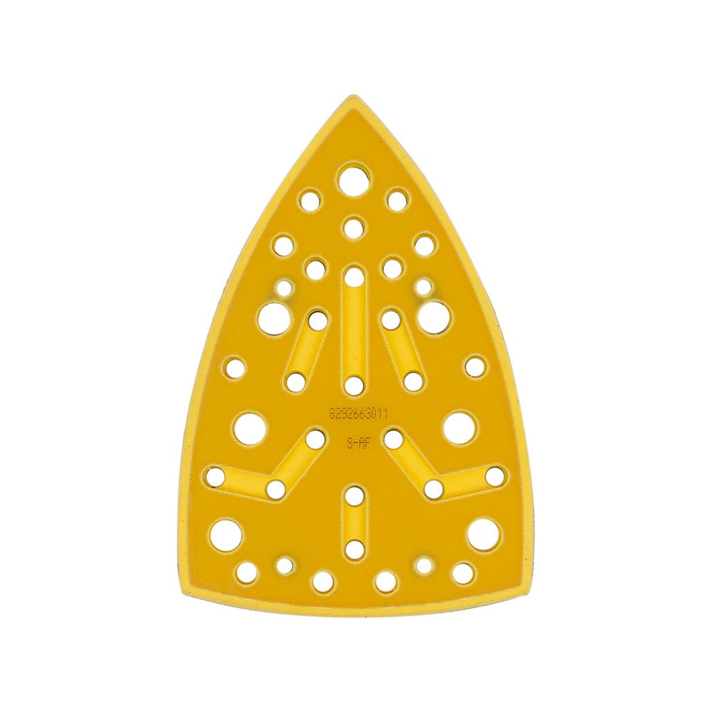 4x6x6" delta shaped sander backing pad for Mirka DEOS Delta. 32 hole pattern with dust channels. Yellow with black hook face.