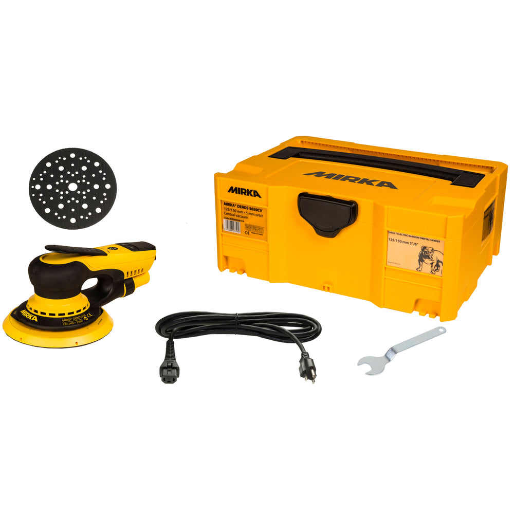 Mirka DEROS 6" Random Orbit Sander with Yellow/Black Systainer Toolbox.