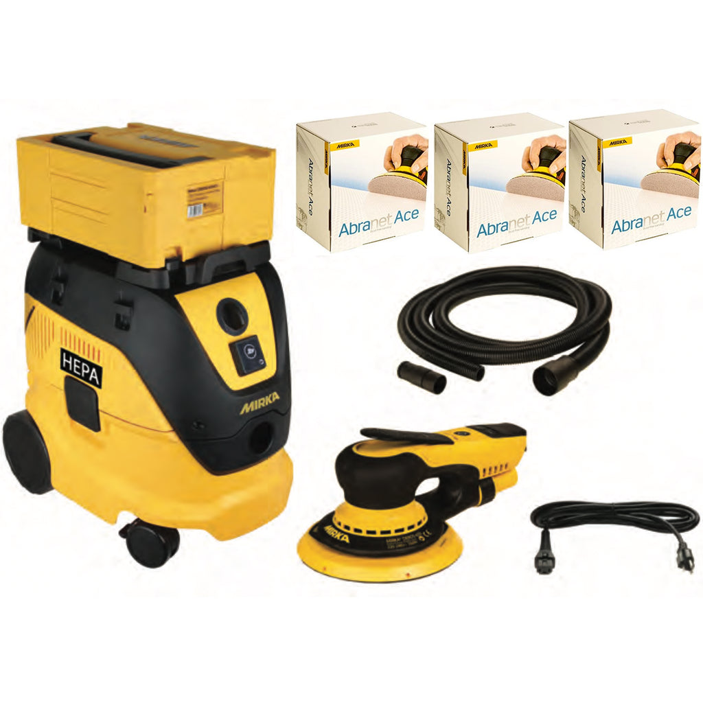 The Mirka Kit includes 6"/5mm DEROS random orbit sander, HEPA dust extractor, hose, Abranet Ace ceramic abrasives, Systainer.