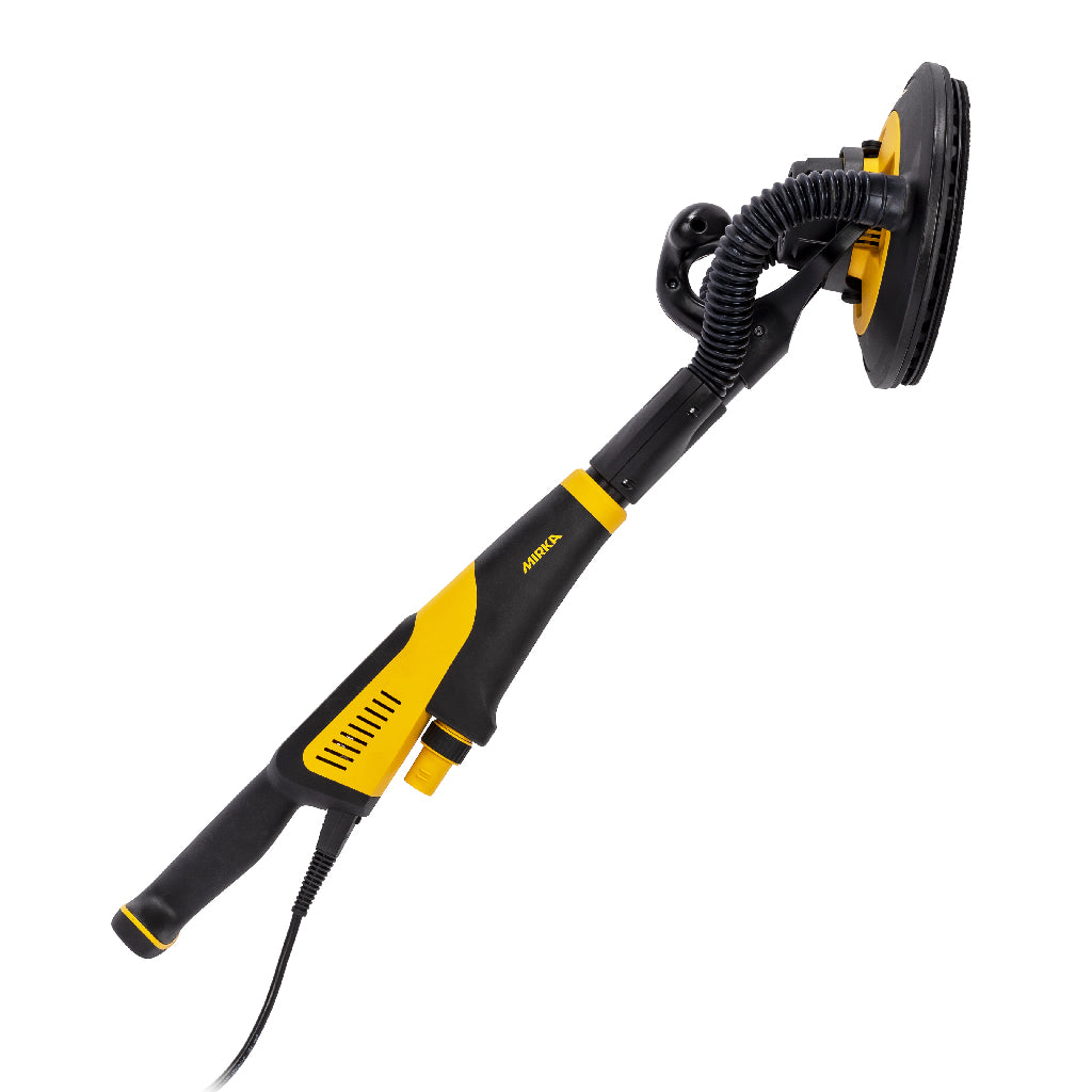 Side view of Mirka LEROS wall sander with large, flexible sanding head and two handles. Power cord and dust extraction port.