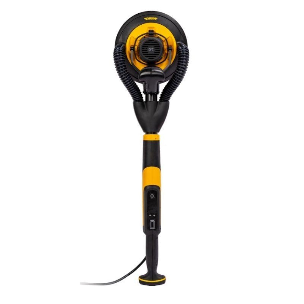 Back view of Mirka LEROS wall sander showing two dust extraction hoses going to head, controls, brushless motor, handles.