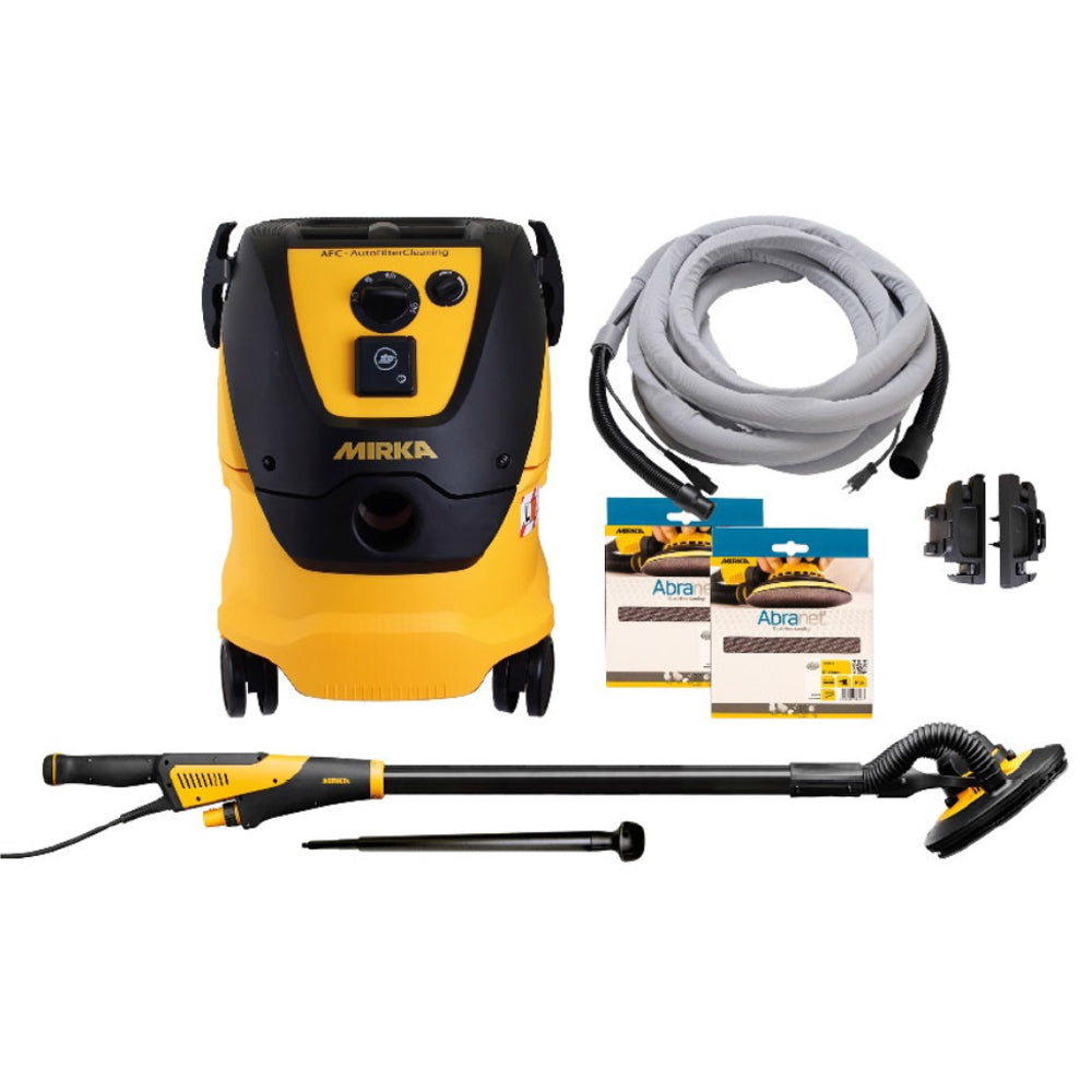 LEROS Premium Kit includes extension, dust extractor with automatic filter cleaning, long sleeved hose, and mesh abrasives.
