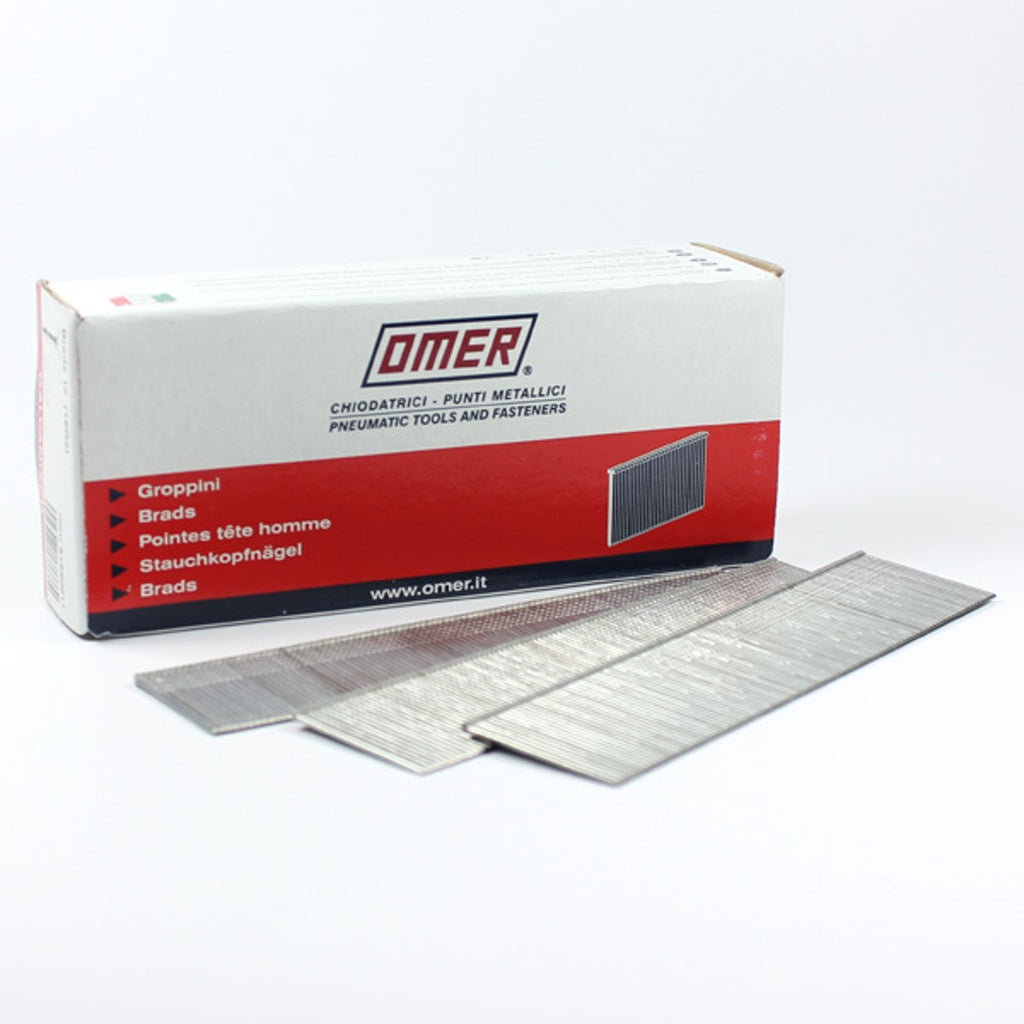 Cardboard box of Omer 18-gauge brad nails with three strips in front.