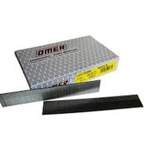 Box of Omer 21-gauge brad nails with two strips in front, one standing up.